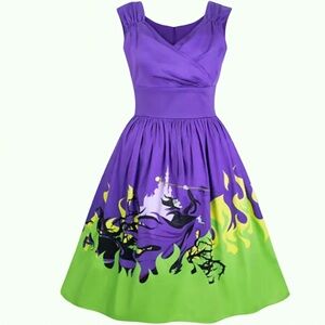 Disney Maleficent Purple Green Fit &  Flare V-Neck Sleeveless Midi Dress 1X NWT